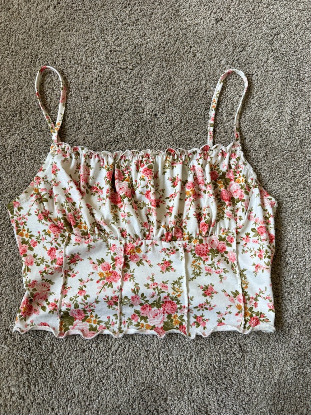 SHEIN White Floral Smocked Crop Cami with Pink Roses